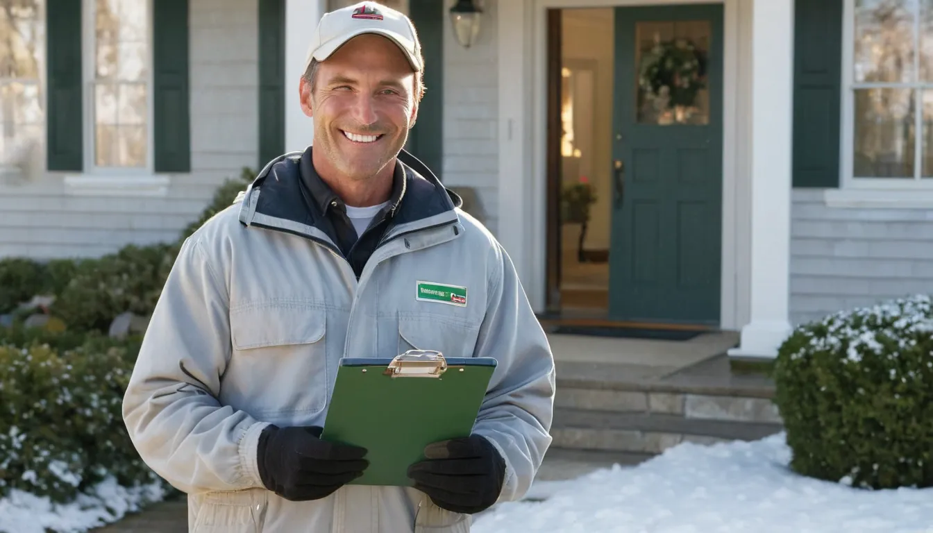 A friendly pest control provider talking with a homeowner at the front door of a Cape Cod style home in Shippingport